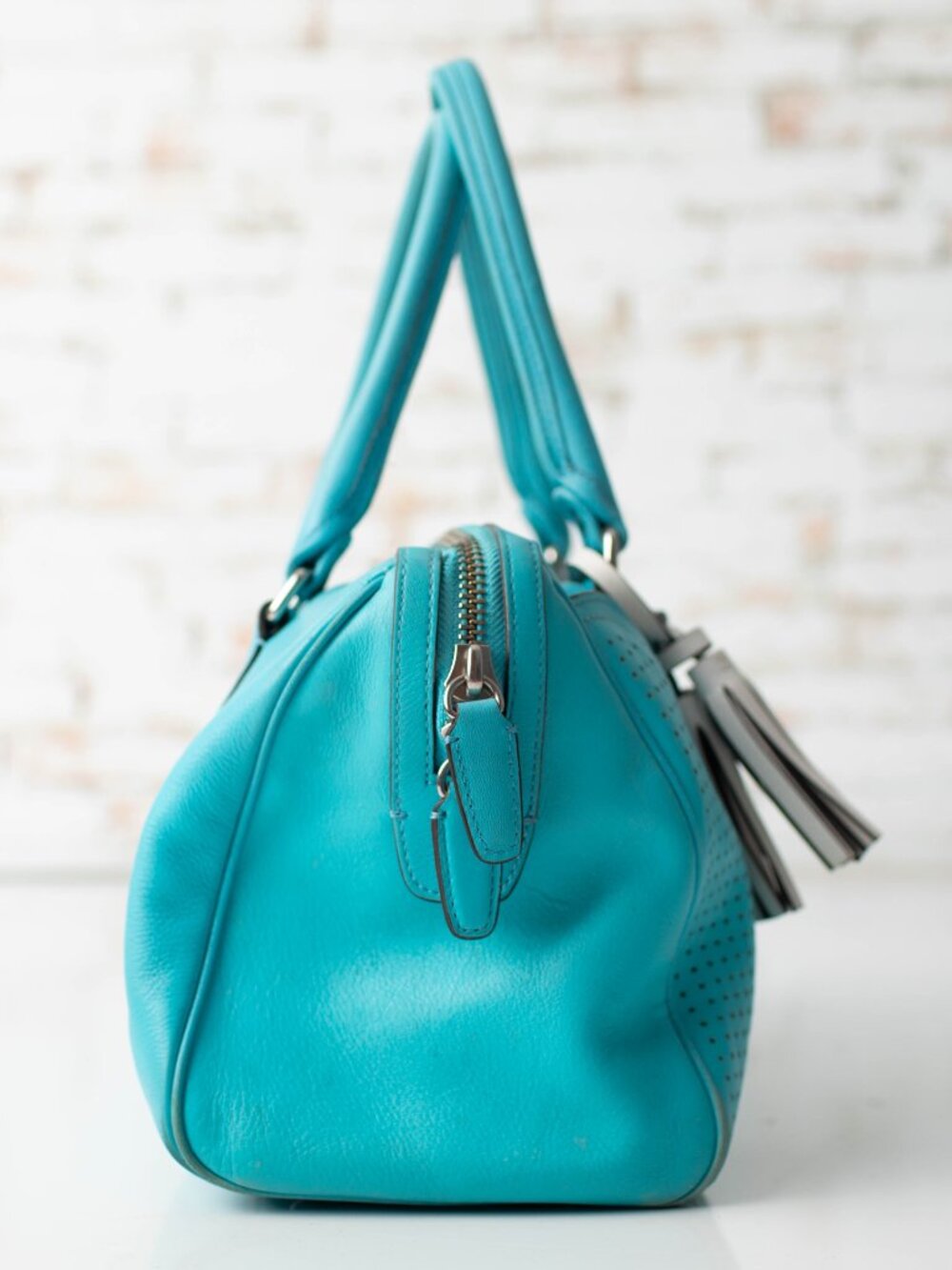 Coach Legacy Perforated Leather Haley Satchel Turquoise Aqua Fringe Leather 2012 - Picture 4 of 11